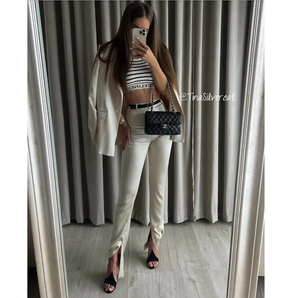 BLOGGER'S FAVE! Zara Suit Set Satin Ruched Blazer And Pants Ivory NWT